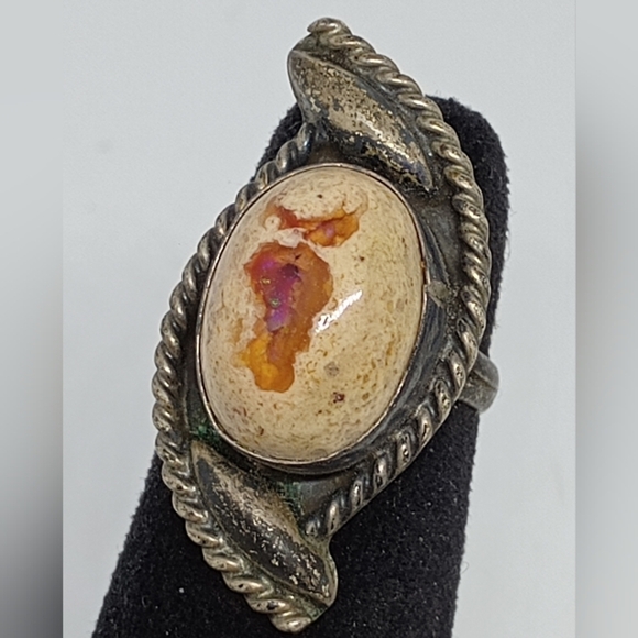 * vintage antique Mexican Fire Opal 925 sterling silver ring sz 5.5 - Picture 2 of 6